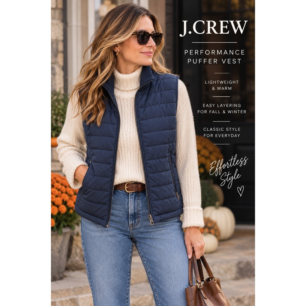 J.Crew Performance Puffer Vest Womens Small Navy Blue Quilted Full Zip Jacket